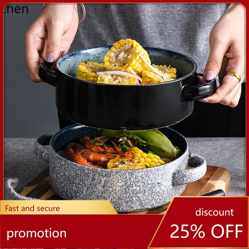 

Zml restaurant double ear matte glazed ceramic large baked rice bowl handle soup basin