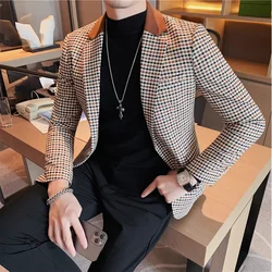 British Style Mens Houndstooth Slim Fit Blazers 2024 New Simple Slim Fit Business Dress Coats Groom Wedding Tuxedo Suit Jacket