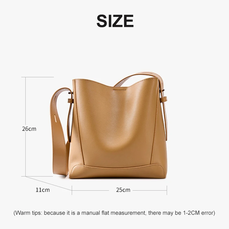 Bolsa de balde de couro de grande capacidade para mulheres, 100% couro genuíno, bolsa de ombro casual com tiracolo, moda feminina, 2391