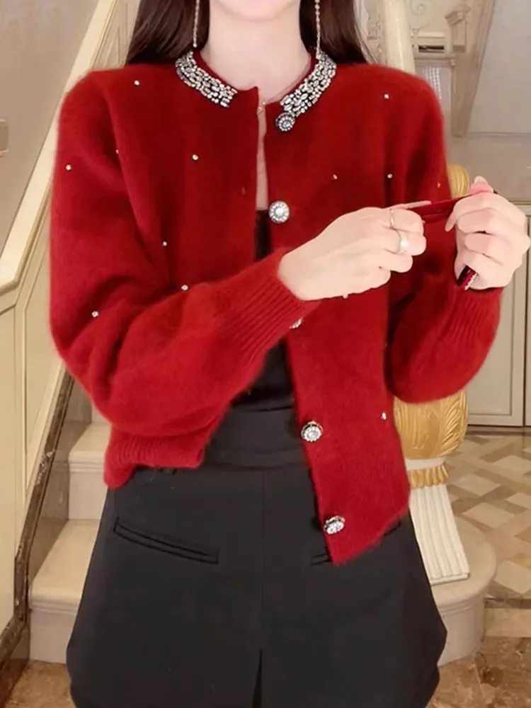 

Ele Color Camere Knitted Long Sve Sweater Autumn Winter Pearl Design Trendy Lazy Sle Women's Cardigan Coat