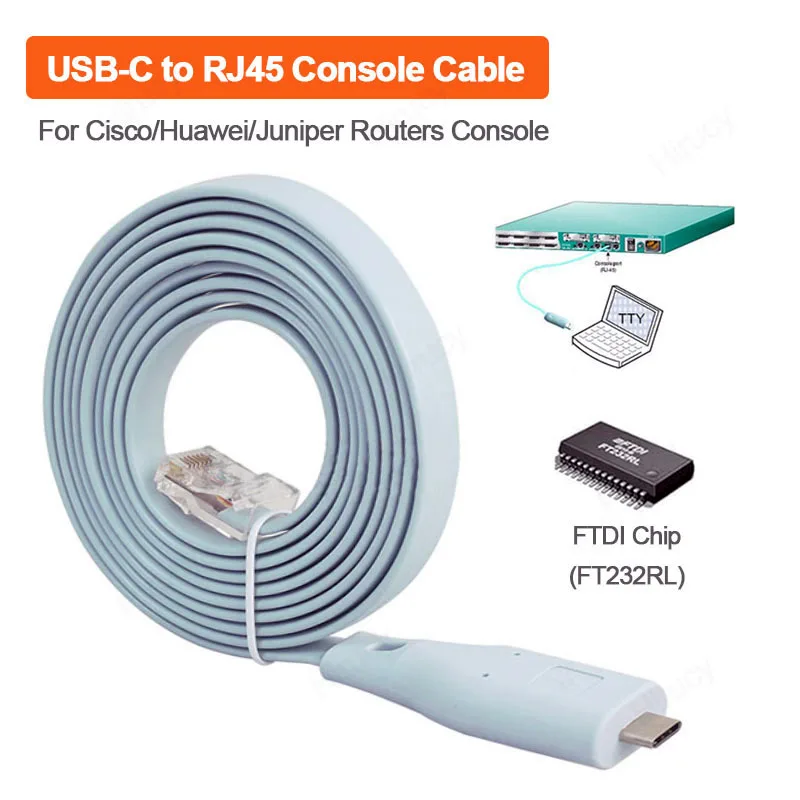 USB Type C To RJ45 Console Cable Connector FTDI Chip Serial Wire RS232 for Cisco Router Switch Serial Port Debug Line