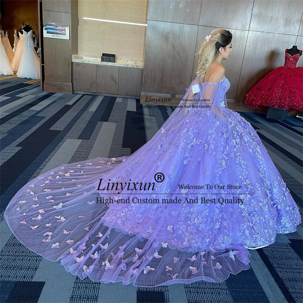 Lilac Ball Gown Quinceanera Dress With Cape Off Shoulder Appliques Lace Princess Sweet 16 Dress Sweep Train Vestidos De 15 Años