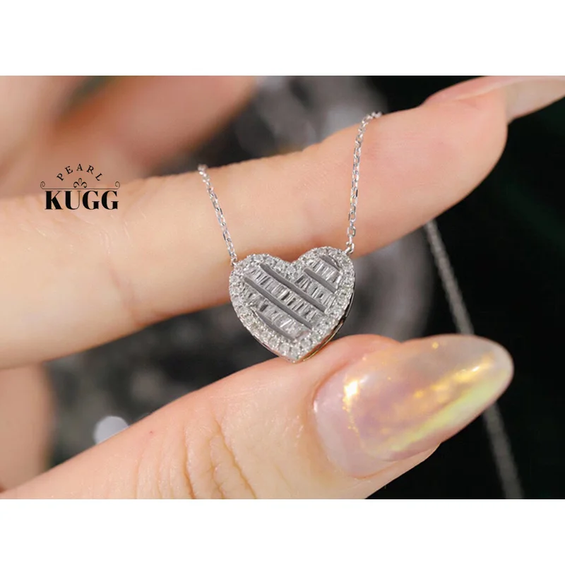 KUGG 100% 18K White Gold Necklace Shiny 0.35carat Real Natural Diamond Pendant Necklace for Women Heart Design Wedding Jewelry