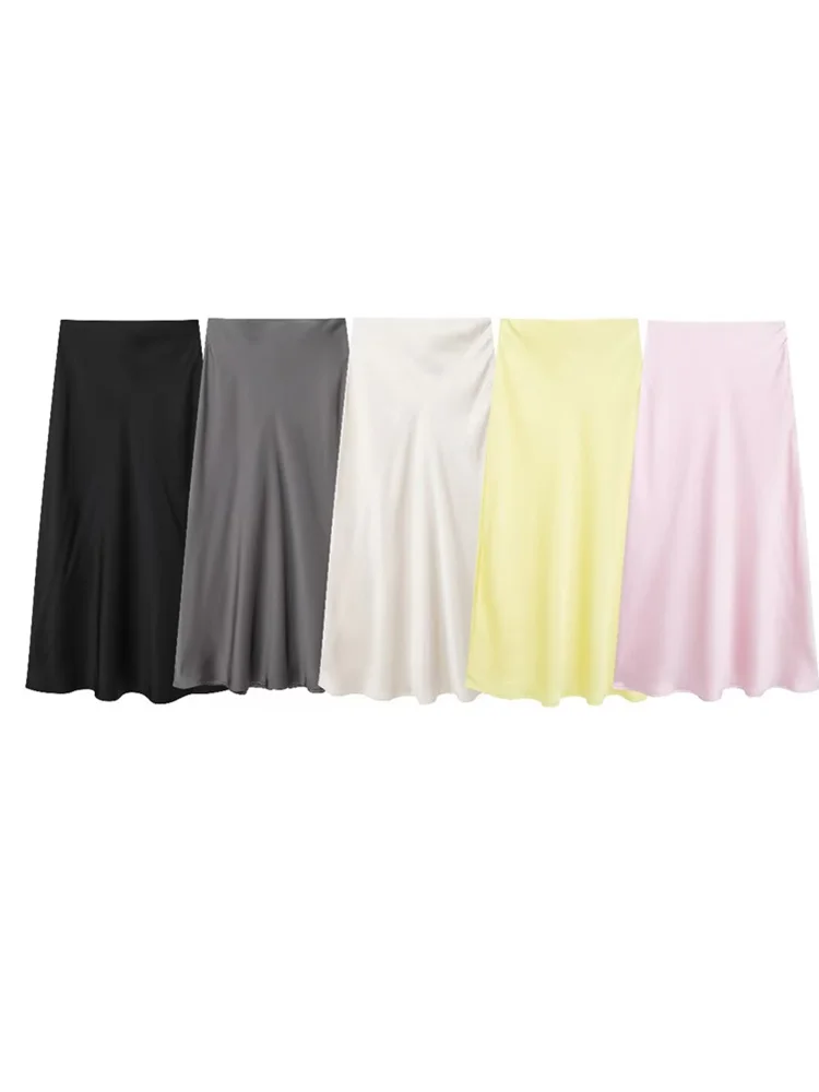 Zevity Women Fashion Side Pleats Zipper Soft Touch Satin A Line Midi Skirt Faldas Mujer Female Fish Tail Party Vestidos QUN6228