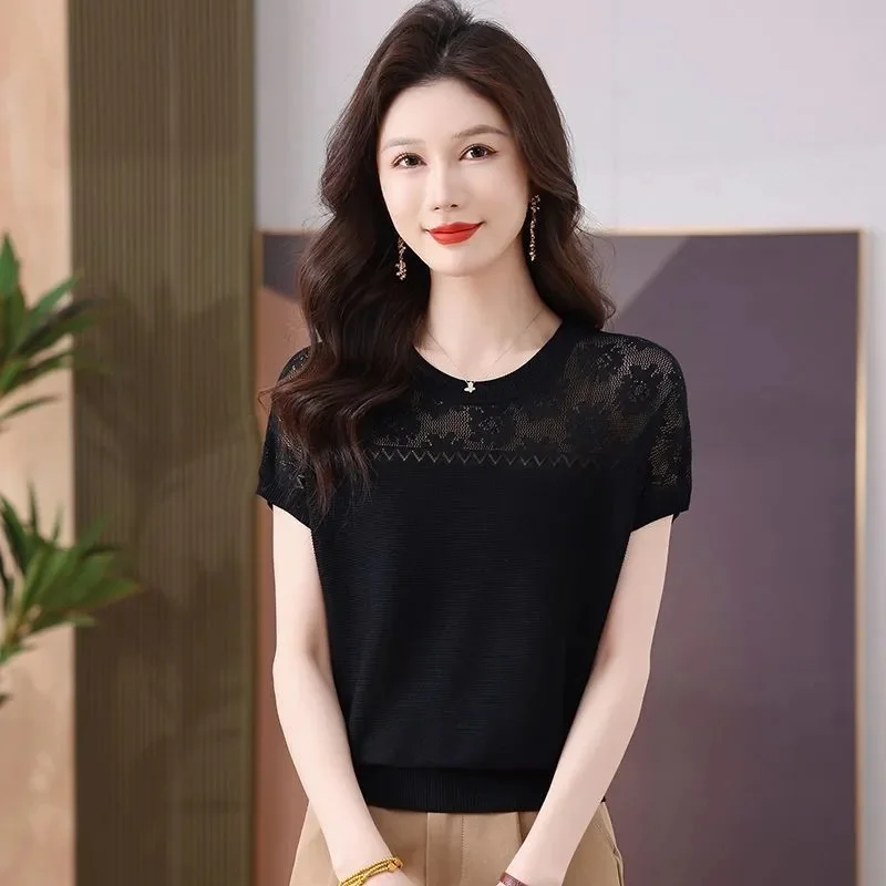 Hollow Crocheted Short-sleeved T-shirt Women’s Summer 2026 New Western Ice Silk Sweater Loose Slim Knitwear Ladies Pullover Top 5 Hollow Crocheted Short-sleeved T-shirt Women's Summer 2026 New Western Ice Silk Sweater Loose Slim Knitwear Ladies Pullover Top 5