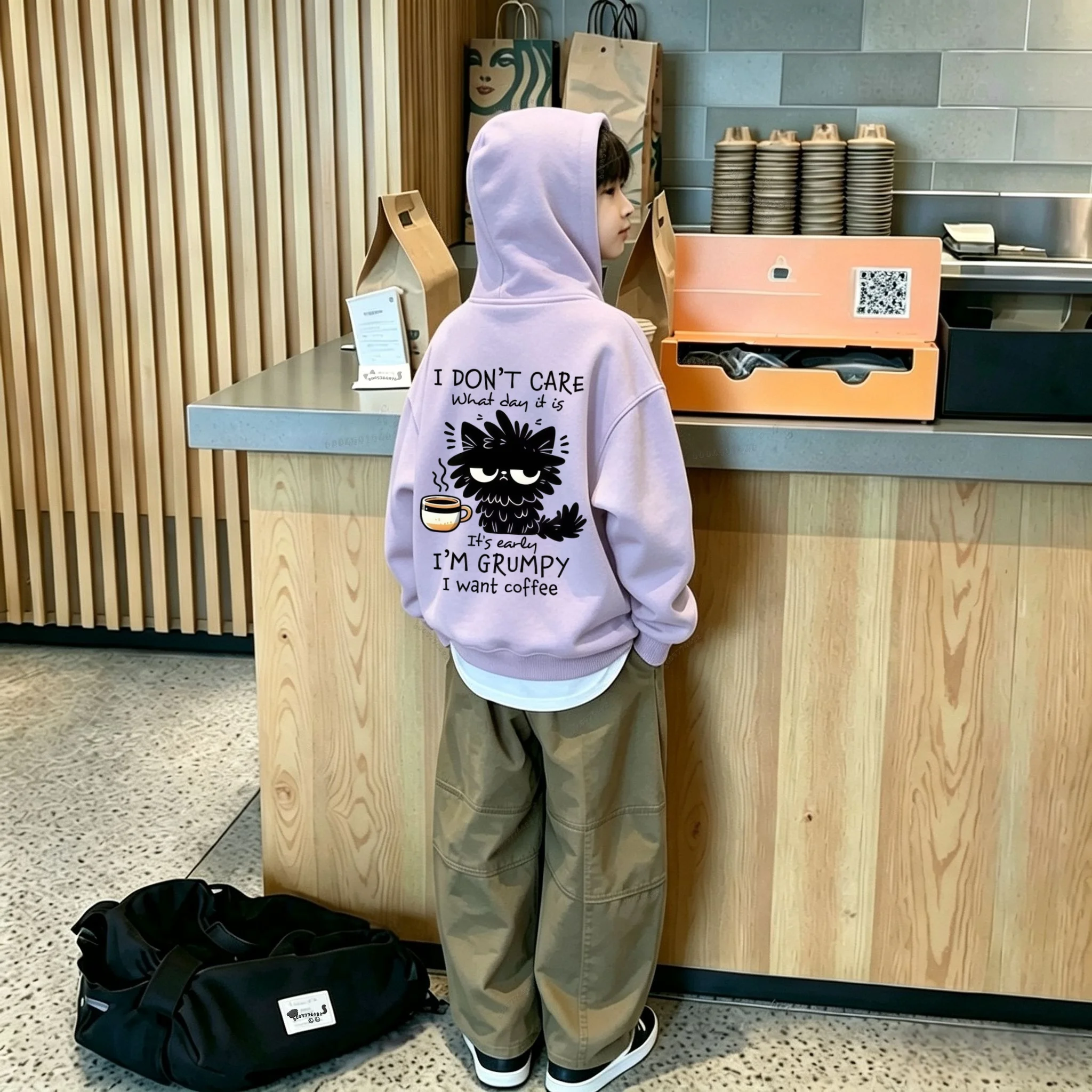 Y2K Kids Hoodie Sweatshirt Grumpy Black Cat Coffee Letter Back Print Long Sleeve Pullover
