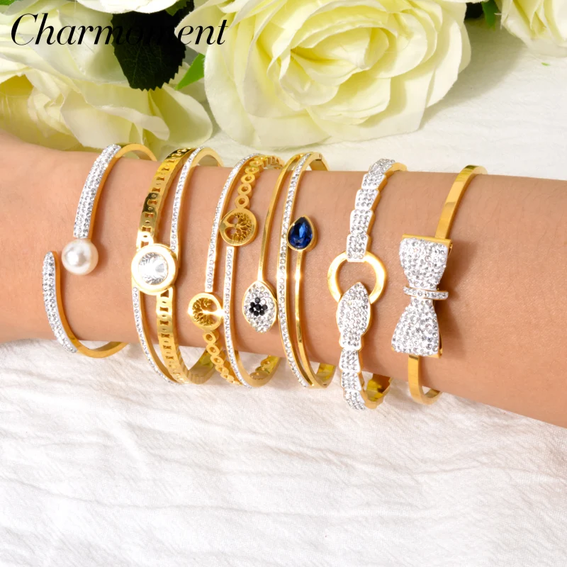 CHARMOMENT Stainless Steel Bracelets Eyes Pearl Snake Design Punk Men Bangle Gold Color Geometric Hand Chain Birthday Party Gift