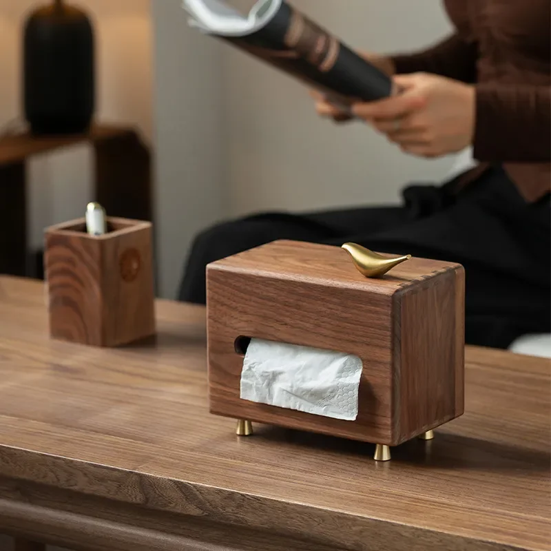 Modern Black Walnut Wood Tissue Box Holder for Living Room Decor Simple Wooden Paper Napkin Storage Container with Copper