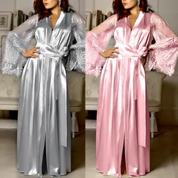 Long Sleeve Lingerie Women Silk Satin Nightgown Sexy Lace Robe Nightdress Sleepwear Autumn Winter Femme Nightwear Woman Bodydoll