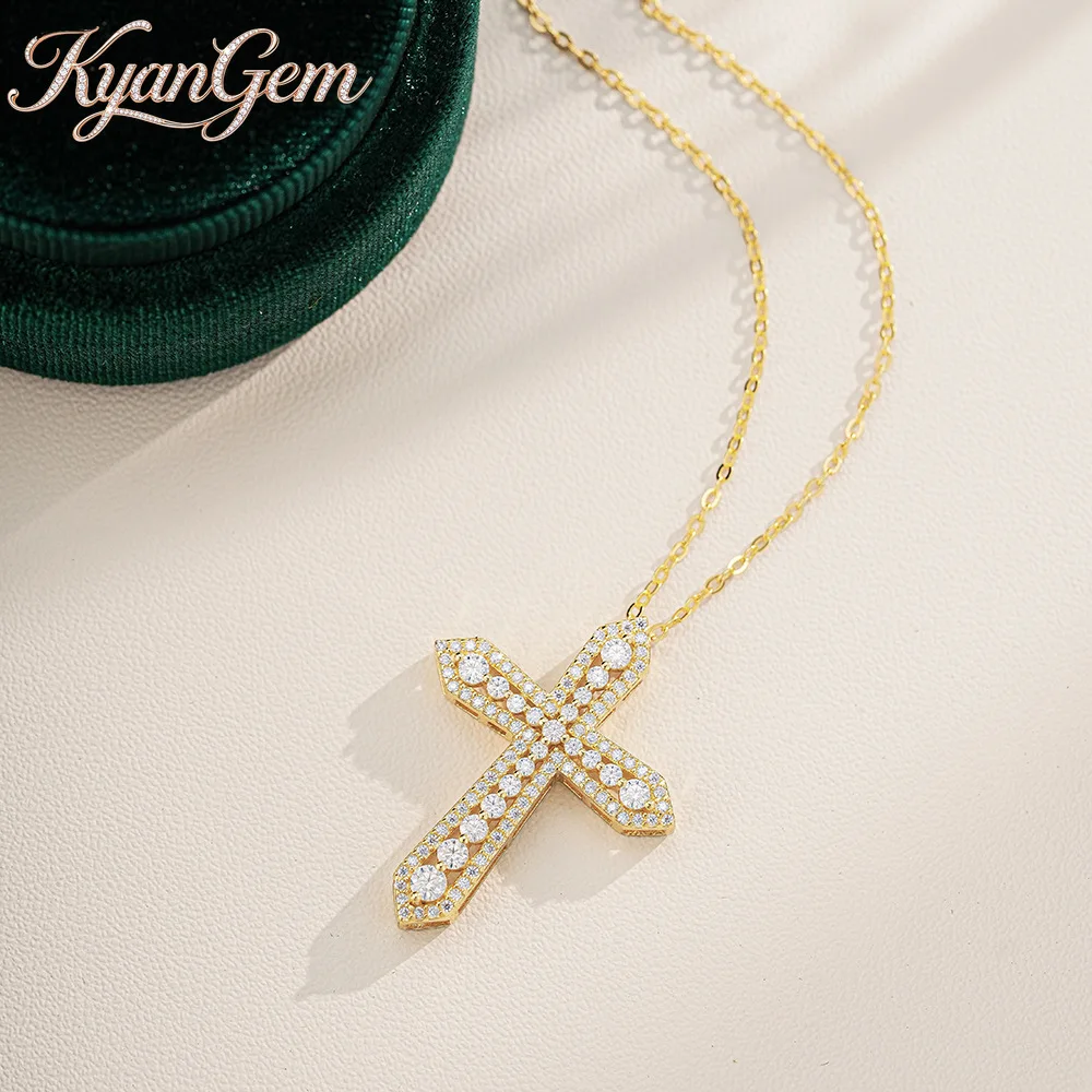 KyanGem Fashion Full-Pave Moissanite Cross Necklace for Women 100% 18K Gold Choker Necklace Charm Fine Jewelry Gift