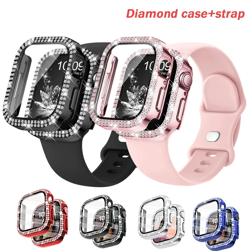 Diamantgehäuse + Armband für Apple Watch Band 41 mm 45 mm 38 mm 42 mm 44 mm 40 mm Armband + Displayschutzfolie + Stoßstangenserie 10 9 8 7 6 5 4 SE