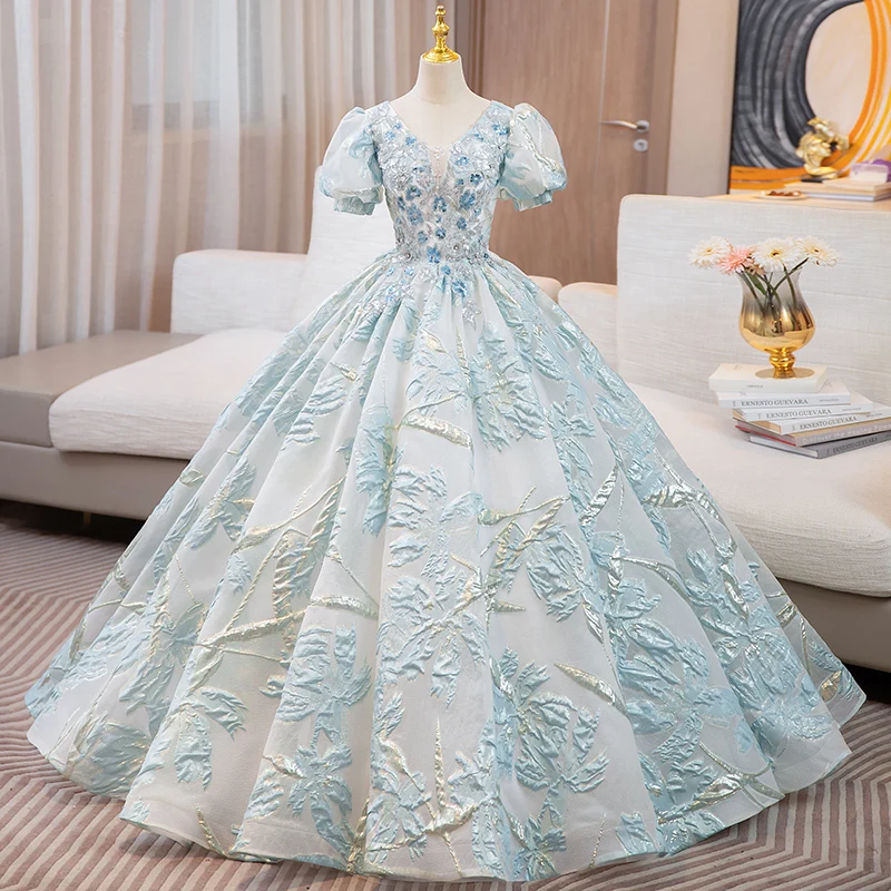 

15 Year Old Dress Ashley Gloria15 Quinceanera Dresses Short Puff Sleeve Party Dresses Classic V-neck Floor-length Ball Gown