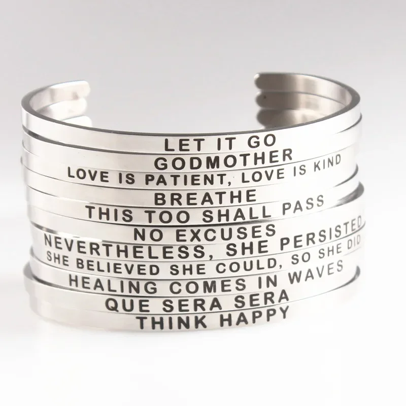 THIS TOO SHALL PASS 4mm Inspirational Cuff Bangle For Girls Women 316L Stainless Steel Positive Phrases Mantra Bracelet Jewelry