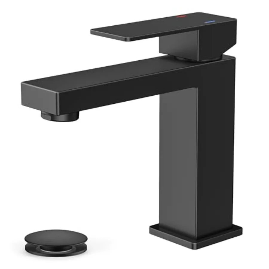 

Bathroom Faucets: Single Hole Black Lead-Free with Pop-up Drain Single Handle for Sink Vanity RV Lavatory; Fits 1 or 3 Holes