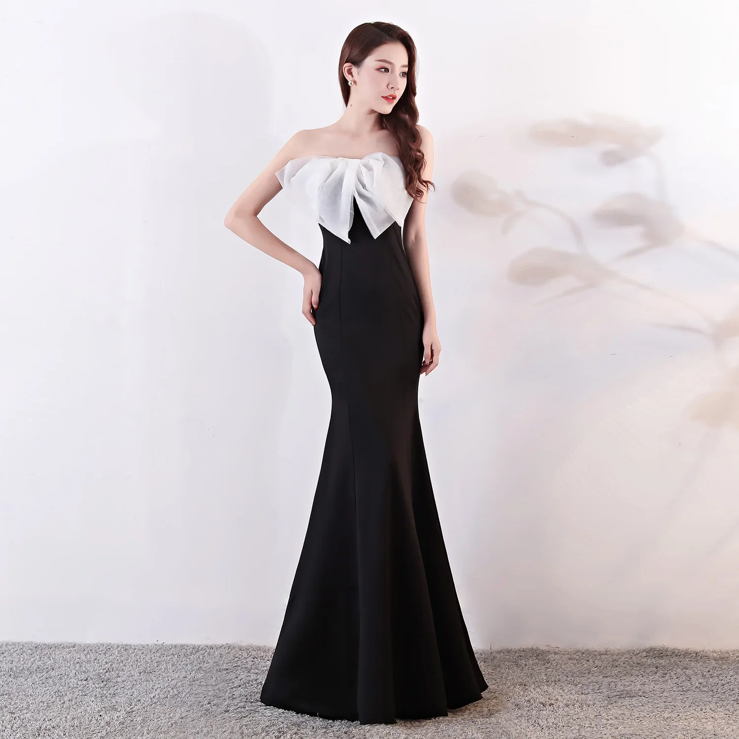 

Evening Dress Black Stretchy Bow Strapless Zipper Back Mermaid Trumpet Floor Length Women Party Formal Gowns YE111