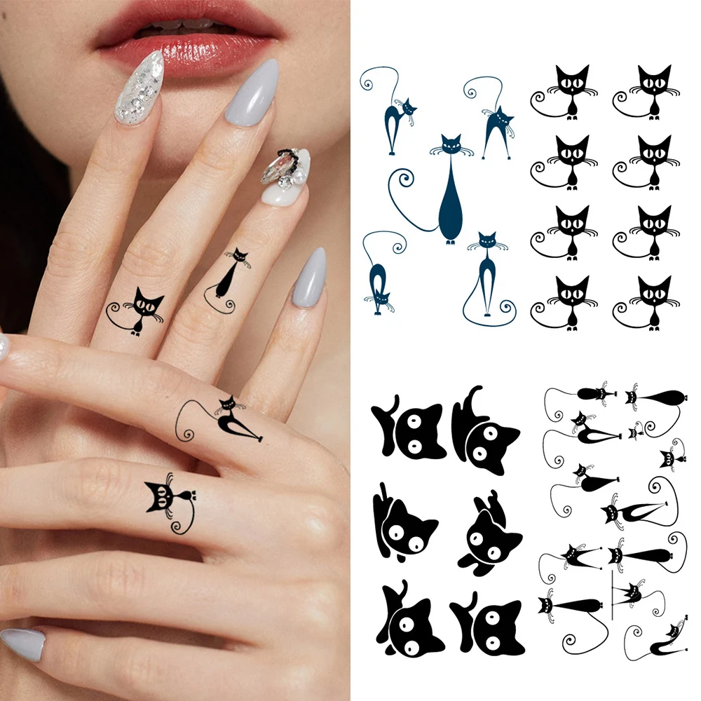 

4 Sheets Black Cat Temporary Tattoos - Small Cute Kitty Design, Waterproof Fake Tattoo Sticker for Finger, Arm, Collarbone,