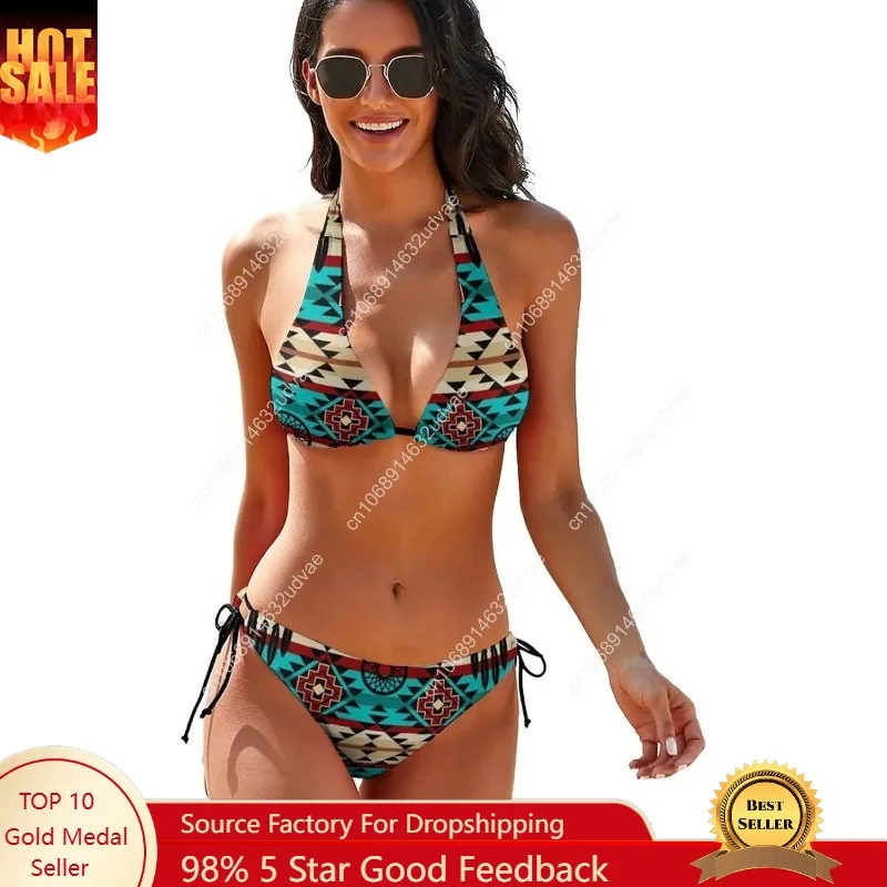 

Womens 2 Piece Triangle Tie Side Bikini Set Aztec Print Sexy Halter String Swimsuits