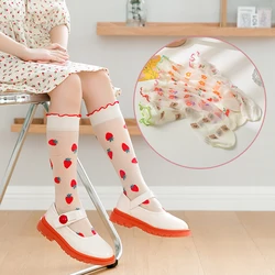 Lace kawaii baby kids Embroidery fruit floret long socks Lolita girls strawberry Ultra-thin transparent over knee high stockings