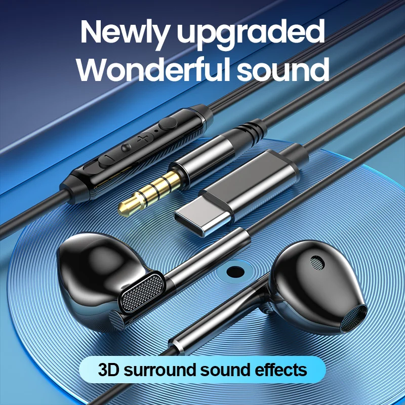 TypeC/3.5mm سماعة رأس سلكية سماعات الألعاب الثقيلة باس ثلاثية الأبعاد المحيطي ستيريو USB-C سماعات أذن سلكية لهواتف سامسونج شاومي هواوي
