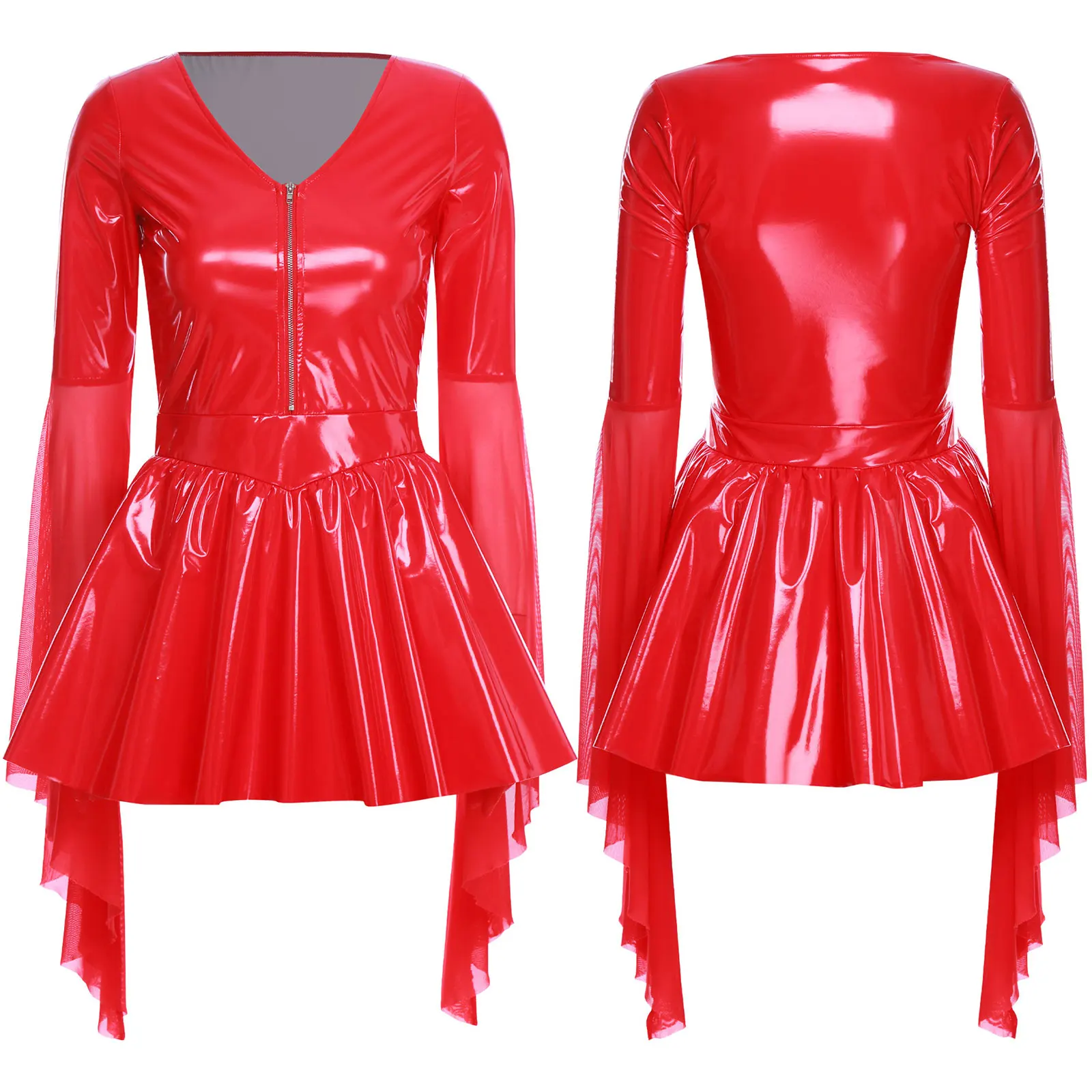 

Women Stylish Flared Sleeves A-line Mini Dress Patent Leather Micro Dress Fashion Shiny Sexy Vacation Cocktail Party Club Dress