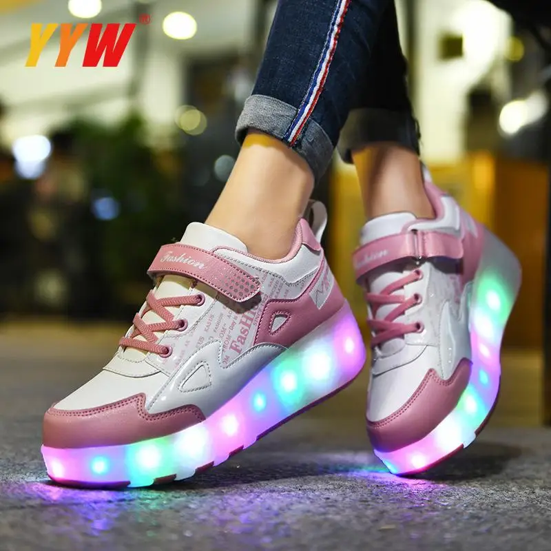 

Children Two Wheels Luminous Glowing Sneakers Kids Led Shoes Boys Girls USB Charging Black Red Pink Led Light Roller Skate Shoes