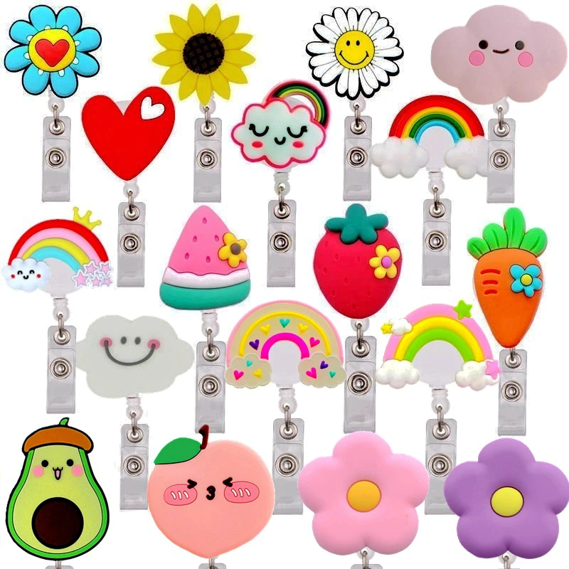 Daisies Heart Retractable Nurse Doctor Badge Reel Clip Keychains Smile Sun Flowers Fruits Students Rainbow Name Card Holder Gift