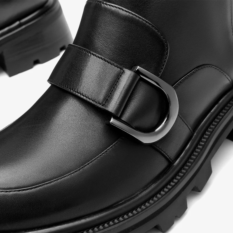 BEAUTODAY Black Boots Women Genuine Cow Leather Slip-on Solid Color Metal Buckle Design Ladies Shoes Handmade RU03A63