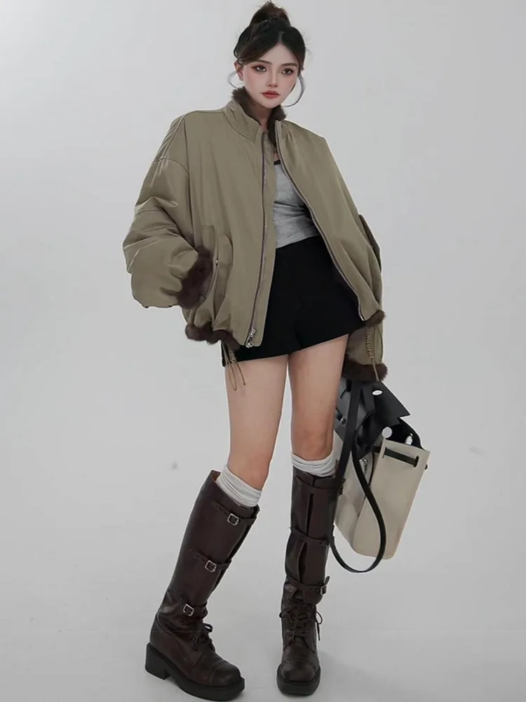 

Natural Rabbit Fur Inner Liner Parke Jcaket Female New Autumn Winter Short Top Clothes Women Wearable on Both Sides Loose Coat