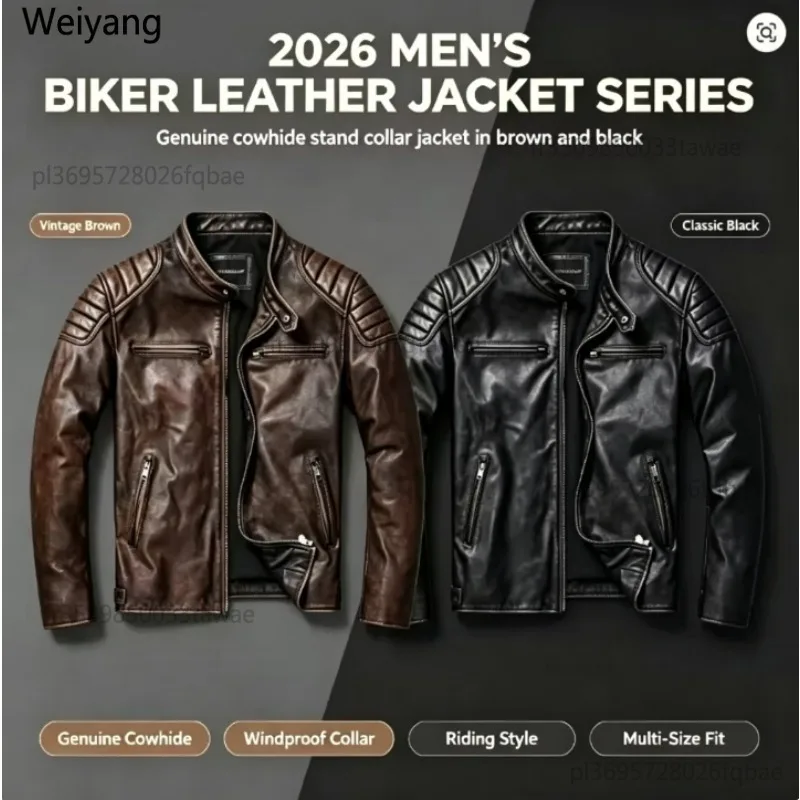 Nuova giacca da motociclista da uomo con colletto alla coreana, realizzata al 100% in vera pelle di vacchetta di alta qualità, ideale per l'autunno e l'inverno, resistente al vento, disponibile anche