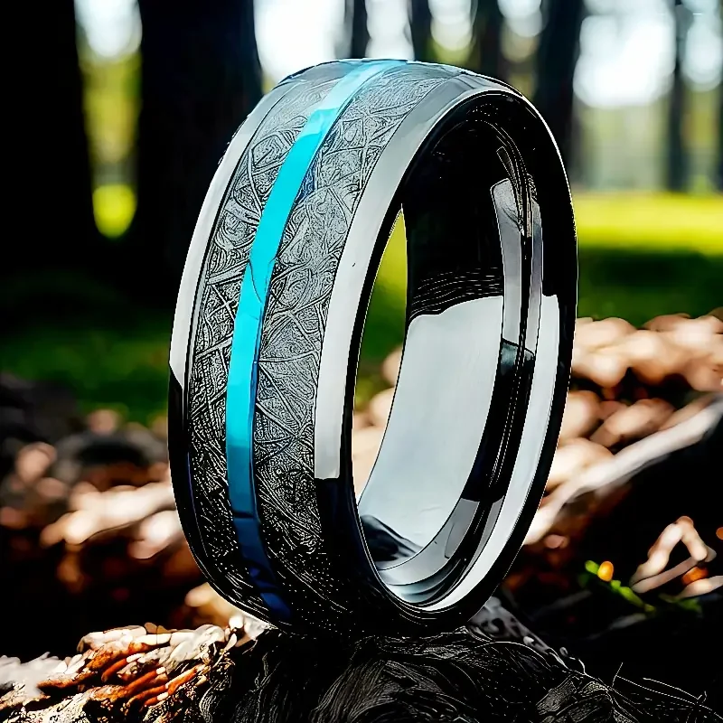 Stylish 1pc Men's Stainless Steel Ring - Synthetic Silvery Silk-Inlaid Blue Turquoise Modern Geometric Design, Durable Minimalis