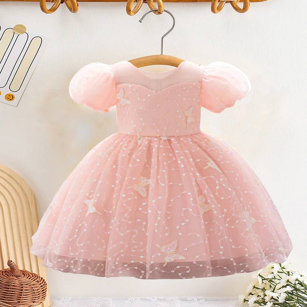 Baby Girls Pink Butterfly Summer Dress Infant Sequin Dreamy Party Gown Elegant Princess Gown For Toddler Girl Summer Casual Wear