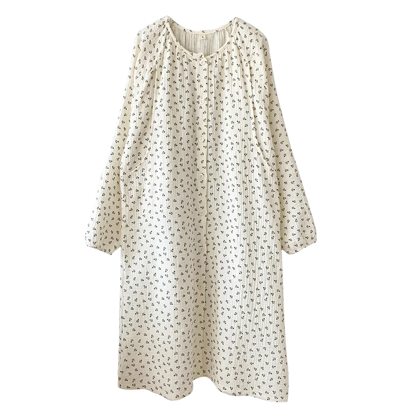 Vestido de noite de enfermagem de gaze dupla 100% algodão, manga comprida, robe estampado floral, roupa de dormir gravidez