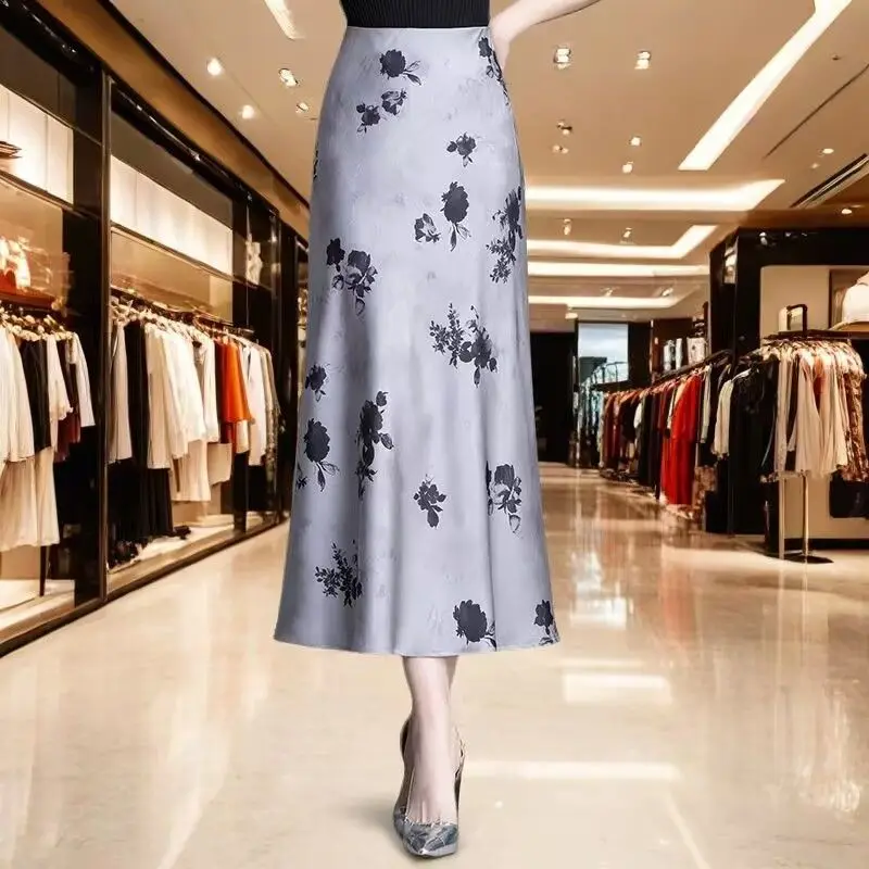 Women's Light Gray Floral Print Midi Skirt, High Waisted Satin A-Line Skirt for Elegant Ocn Wear WJ277