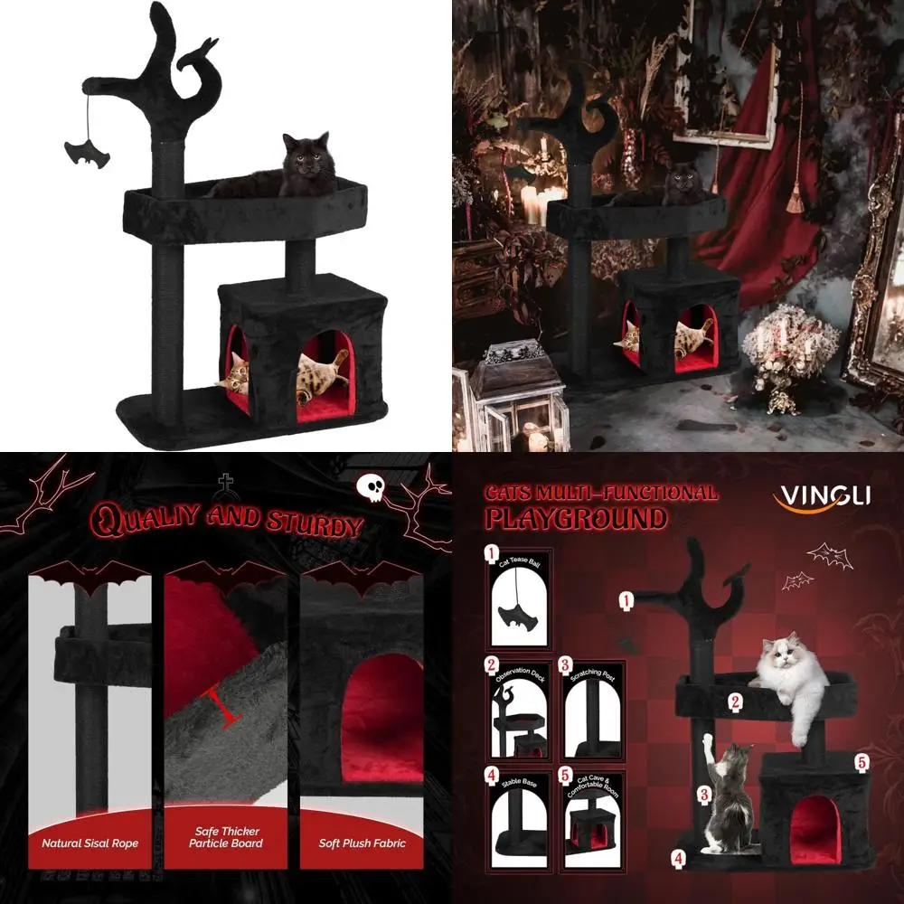 

Домашнее кошачье дерево на Хэллоуин в готическом стиле с сизалевыми когтеточками, пещериной и кроватью в форме гроба