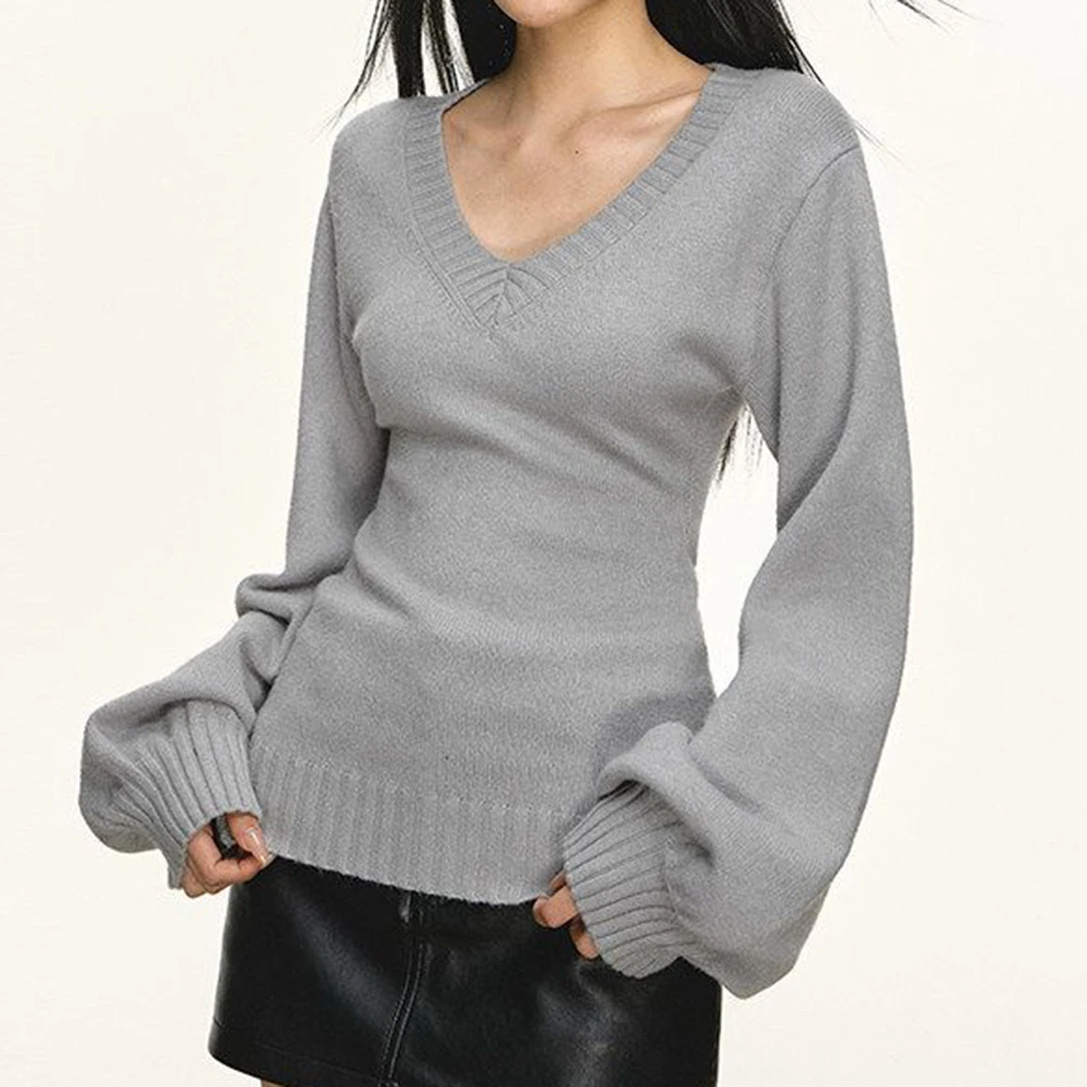 Lantern sleeve v-neck sweater women's 2026 new spring and autumn coat gray waist and thin Korean pure desire knitted top 5