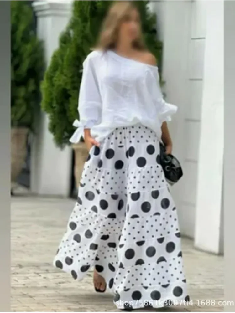 Abito da donna autunno elegante con stampa di moda in due pezzi Casual monospalla con spalle scoperte manica lunga tinta unita Top Culottes larghi