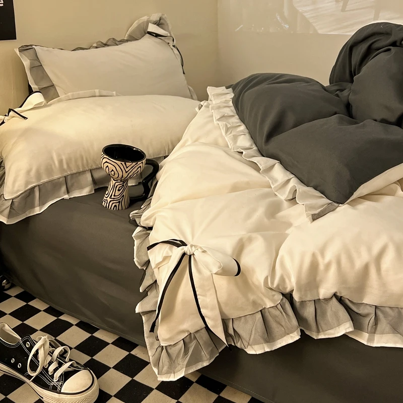 Juego de sábanas con lazo y encaje, ropa de cama agradable al tacto, juego de sábanas individual/doble/queen/king size.