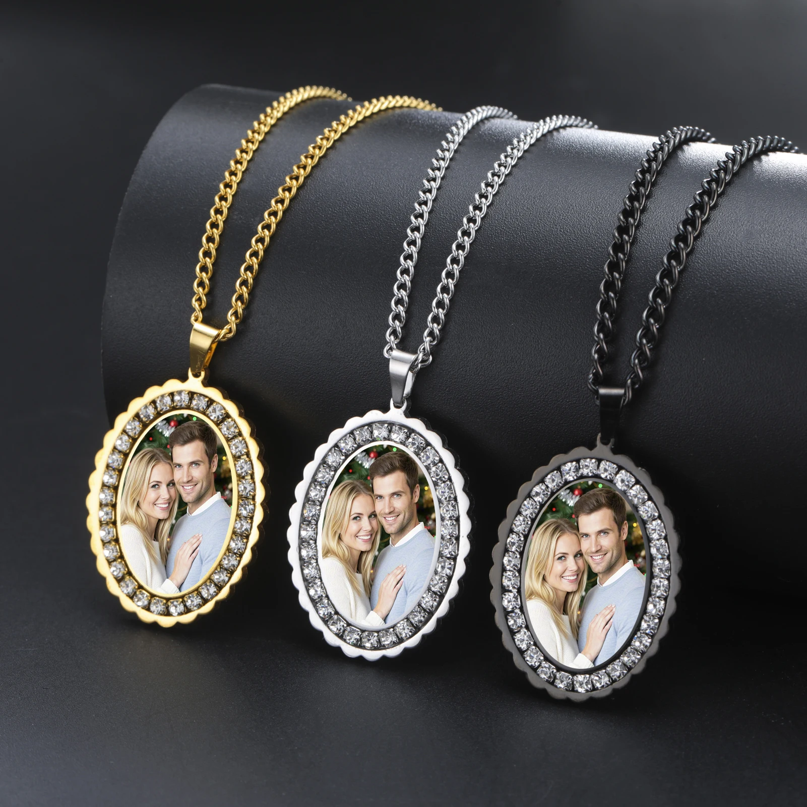 Lemegeton Customized Photo necklace Custom Round Oval Square Zircon Chain Pendant Stainless Steel Jewelry Personalized DIY Gifts