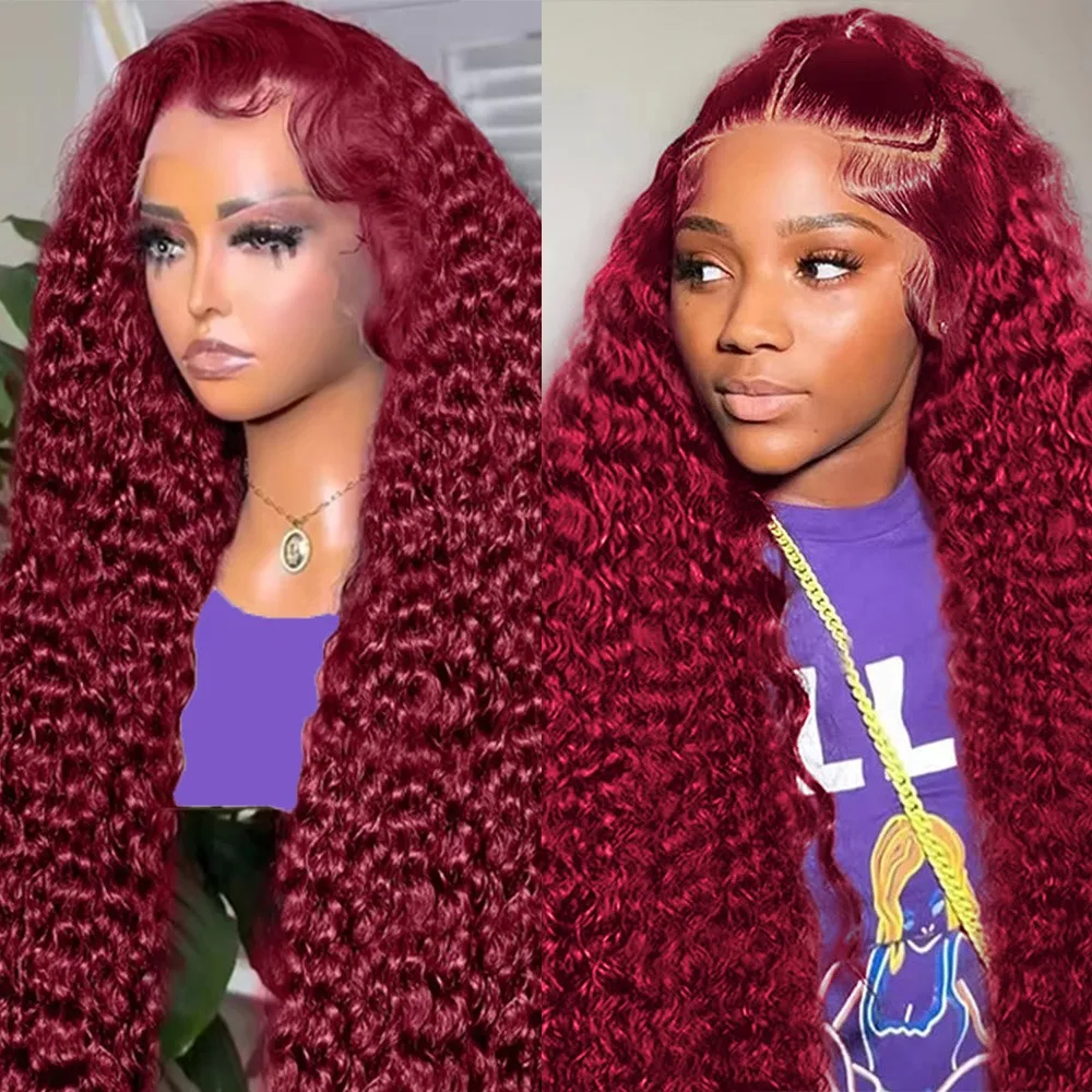 딥 웨이브 99J 버건디 13x6 레이스 프론탈 가발 100% 인모 13x4 곱슬머리 38인치 HD 투명 레이스 프론트 가발 브라질 레드 와인
