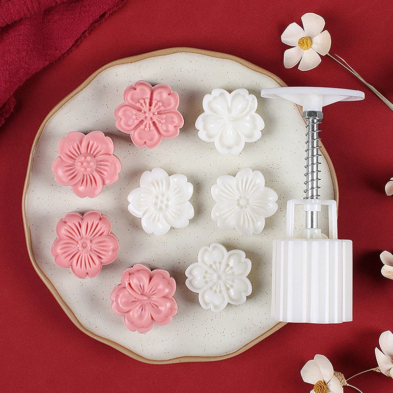 ·New4Pcs DIY Mid-Autumn Festival Cherry Blossom Mooncake Mold Flowers Pattern Stamps Hand Press Mold Plungers Pastry Tool·