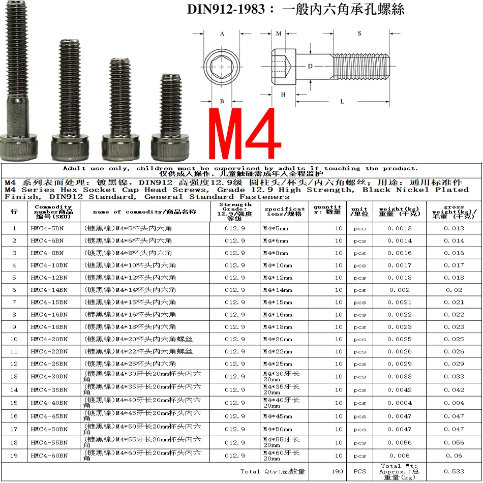 M4 Hex Socket Cap Head Screws Assortment Kit, Grade 12.9 SCM435 Alloy Steel, DIN912 Standard, for Model Parts & Industrial Faste
