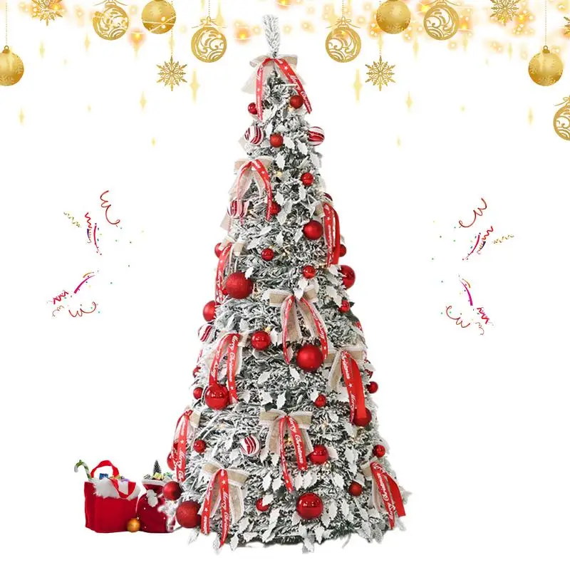 

1.5m red flocked tree Folding Christmas tree Retractable Christmas tree Christmas atmosphere decoration does not include lights