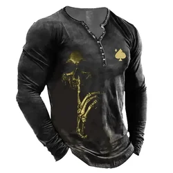 New Fall Street Style Mens Vintage Henley 3D Skull Print Harajuku Long Sleeve Button T Shirt Street Style T Shirt Tops Clothing