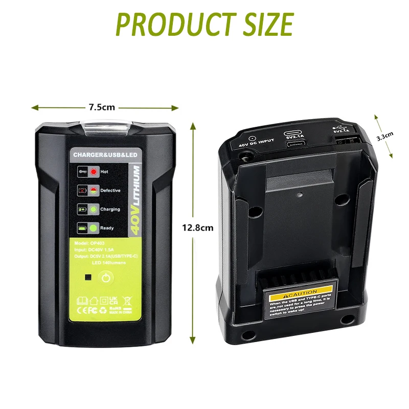 3W LED Work Light Battery Adapter For Ryobi 40V Lithium-Ion Battery Charger with USB Port Type-C Output Converter OP4015/OP4026