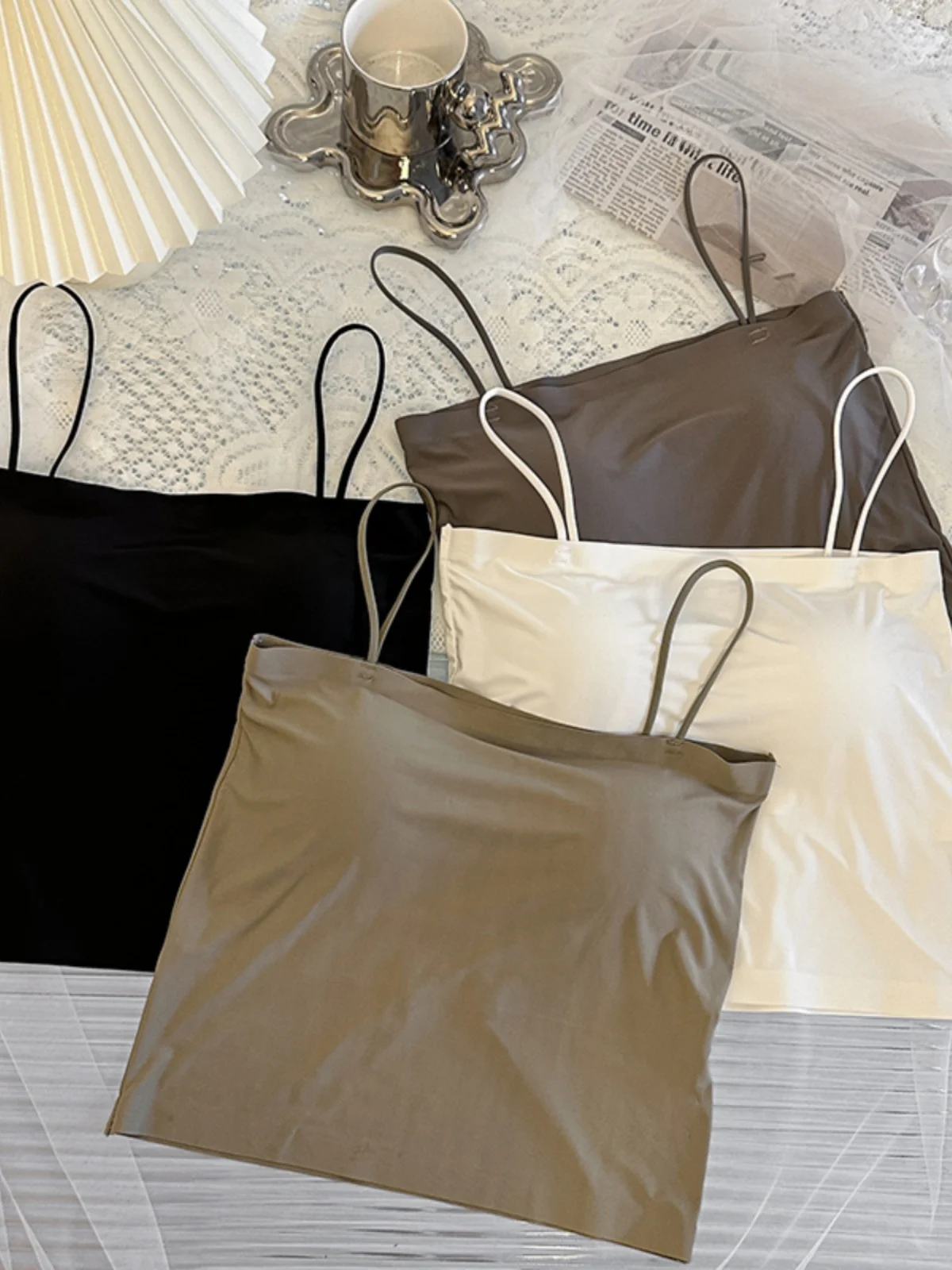 

plus Size Ice Silk Sl Fixed Cup Beautiful Ba Underwear One oulder Wrap Cardi Women's Inner Wear Base Tank Top