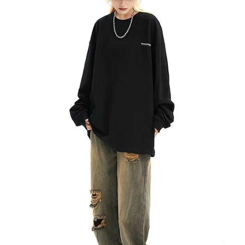 

Pure Cotton Spring Autumn American Trendy Brand Letter Printed Inner Bottoming Long-sleeved T-shirt Women's Loose Top