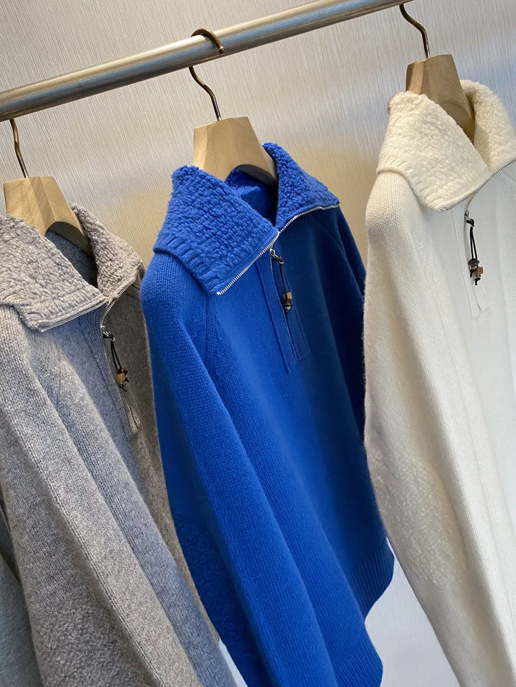 

Весенний женский повседневный однотонный полотенце на молнии с большим воротником, шерстяной свитер