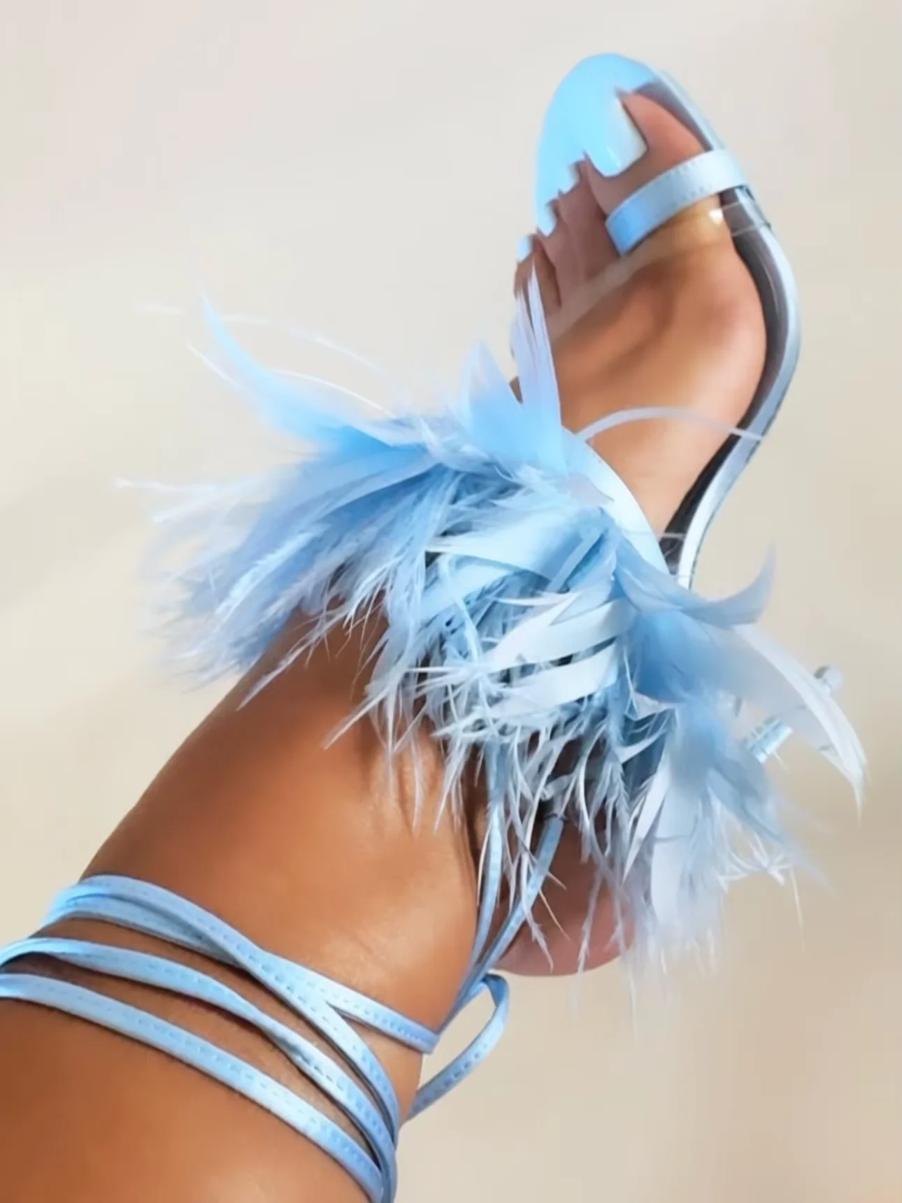 Real Fur Blue Satin Toe Strap Sandals Women Turkey Feathers And ostrich Feathers Shoes Wedding Party Elegant Sandals Customize
