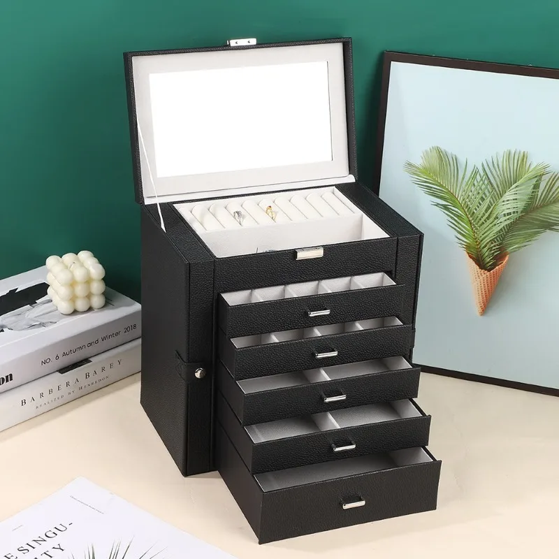 Large Capacity Jewelry Box with Mirrior Rectangle Leather Earrings Rings Storage Box Jewelry Boxes Packaging for Display Case