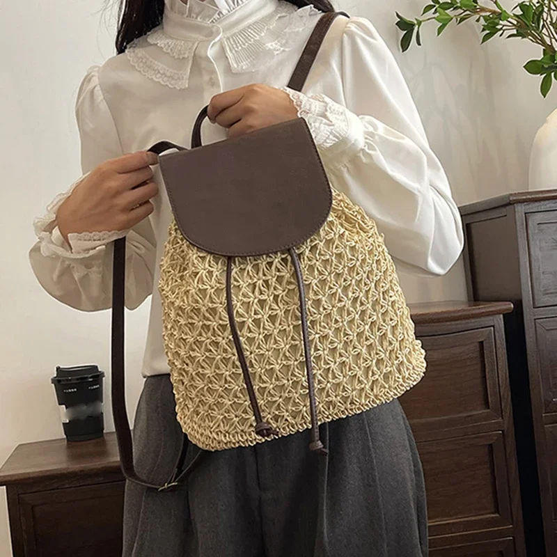 Women's Straw Backpack Summer Boho Bohemian Hollow Shoulder Bag Hobo Crochet Woven Travel Bags for Women Knitted Beach Back Pack - view 3